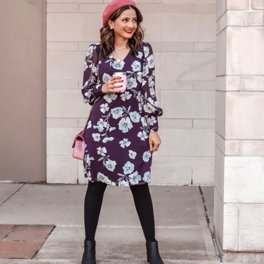 CAbi Purple Floral V-Neck Ellery Long sleeve Dress Size Medium